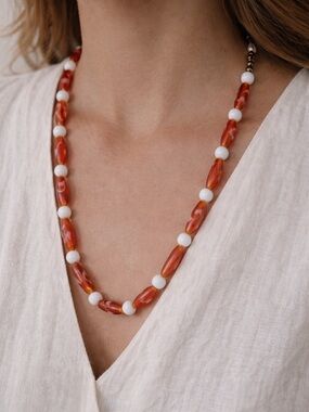 Vintage Style Orange & White Beaded Necklace | Retro Statement Jewelry Chunky